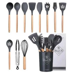Conjunto de 12 Utensílios de Cozinha de Silicone com Cabo Amadeirado Cinza SF-KC-TZG003