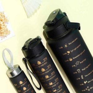 Garrafas com frases motivacionais PRETA (KIT COM 3 - 280/900/2L)