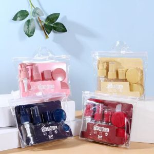 Kit de Frascos 7 Peças Viagem Bolsa Pástico Transparente Shampoo Sabonetes Álcool LY-1123 LY-1122